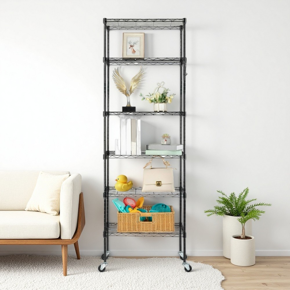 6-Tier Rolling Wire Shelving Unit - Heavy Duty, Adjustable, Modular & Black