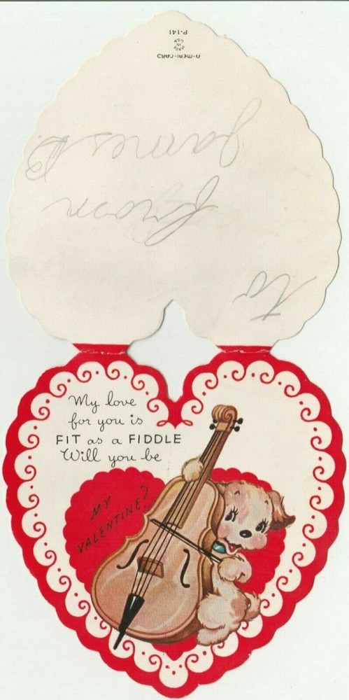 1940s Anthropomorphized Puppy Cello String Vertical Single Fold Valentine Card