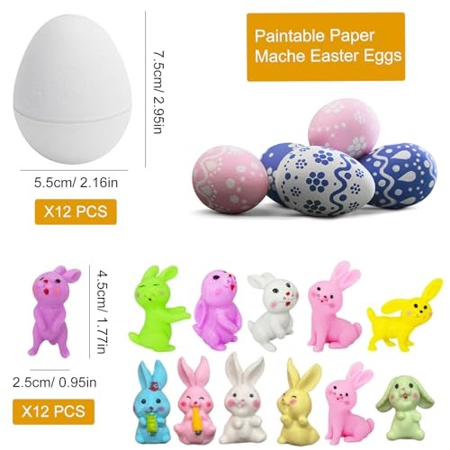 12 Pcs Paper Mache Easter Eggs with 12 Pcs Bunny, White Easter Craft Egg