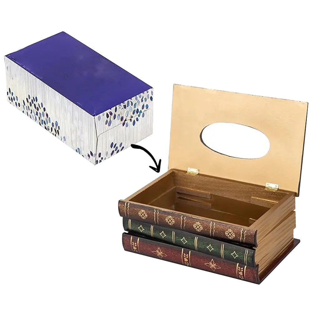 Classical Wooden Antique Book Tissue Box Cover Rectangular Tissue (Black-Simple)