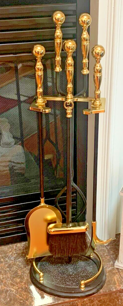 Gold & Black cast iron fireplace tool set with stand