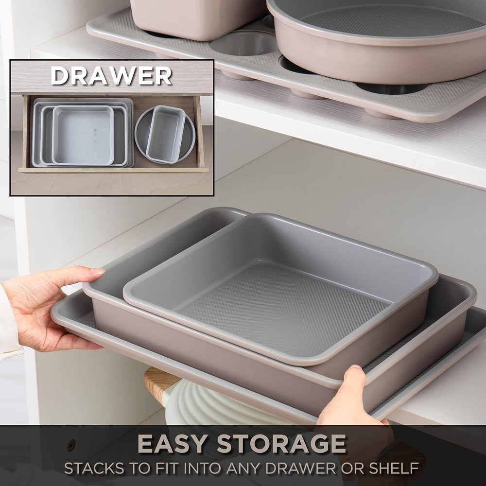 Nonstick Stackable Bakeware Set - Durable, Easy Release Baking Set, Taupe, 6 Pcs