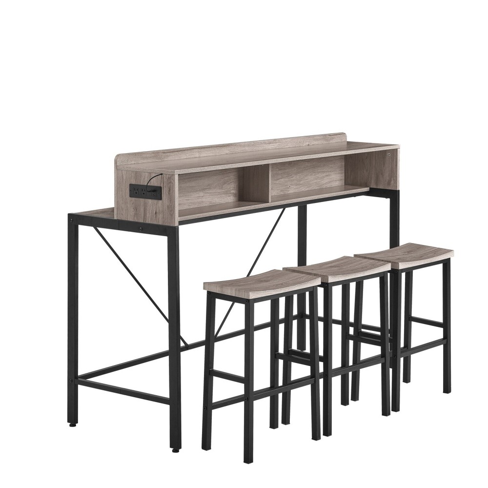 4 Piece Bar Table Set Bar Table with 3 Bar Stool & LED light & USB Ports