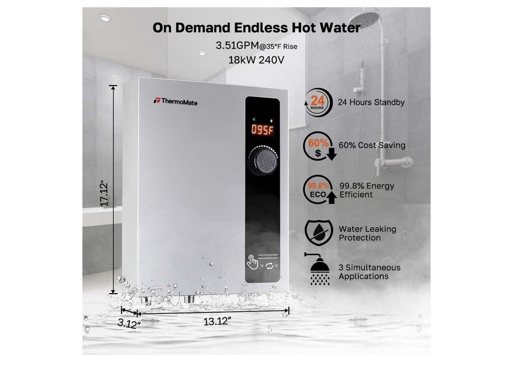 Tankless Water Heater Electric 18kW at 240 Volt, ThermoMate , Shower, Draw 76Amp