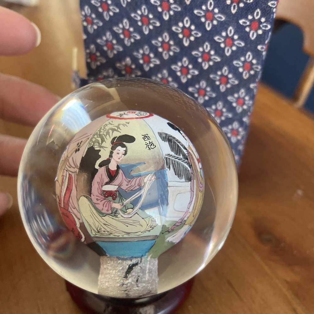 Chinese Reverse Painted Rotating Crystal Ball on base
