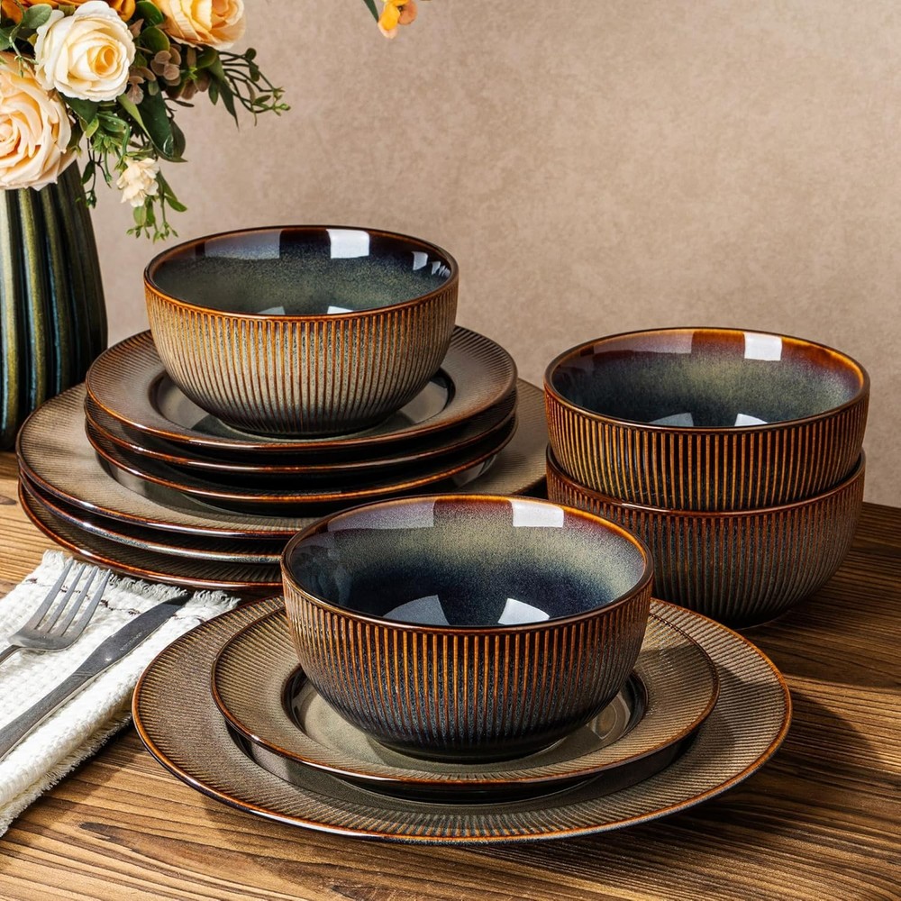 12-Piece Stoneware Dinnerware Set for 4 - Scratch Resistant, Mocha