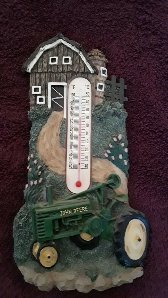 John Deere thermometer with farm setting scene