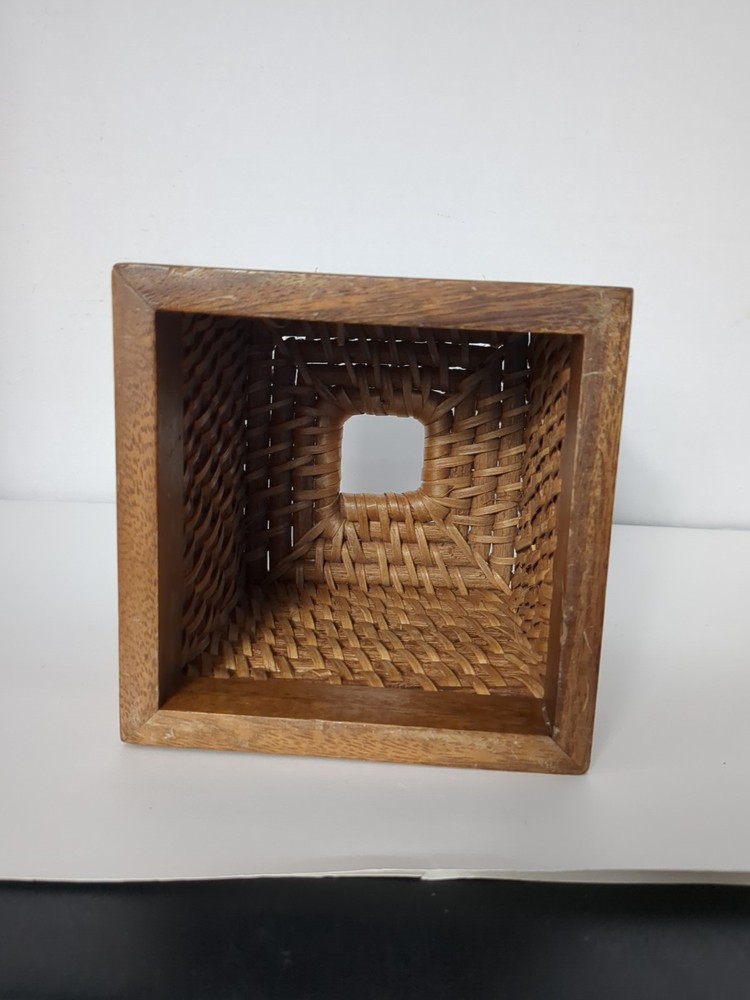 Vintage Woven Wicker Rattan Cube Tissue Box Cover Light Brown Open Bottom Boho