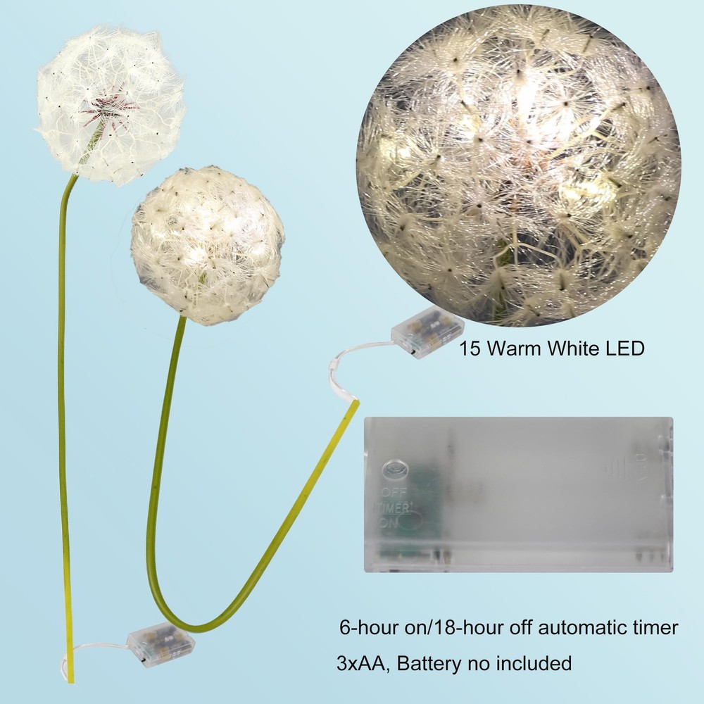 Artificial Dandelion Flower with LED Light, 2 Pack, Warm White Light with 6H ...