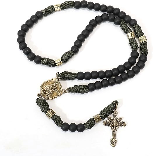 Antique Bronze Black Beads Paracord Rosary Necklace St. Michael Medal Chaplet