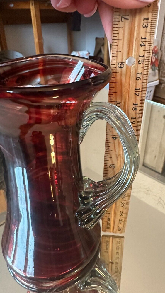 Hand blown Glass Ruby Red Pitcher Applied Ribbed Clear Glass Handle Bubbles Read