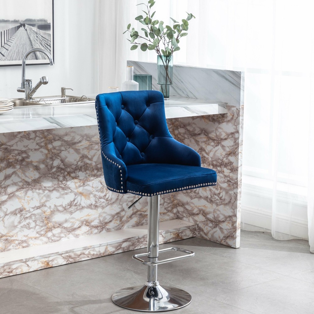 BTEXPERT Blue Velvet Stool Adjustable Swivel Counter Stool Tufted Tailhead Trim