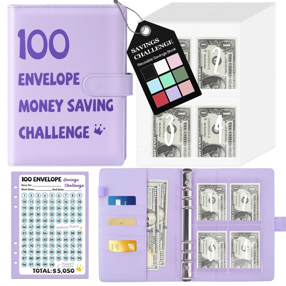 100-Envelopes Money Saving Challenge Binder A5 Savings Book with Tracker