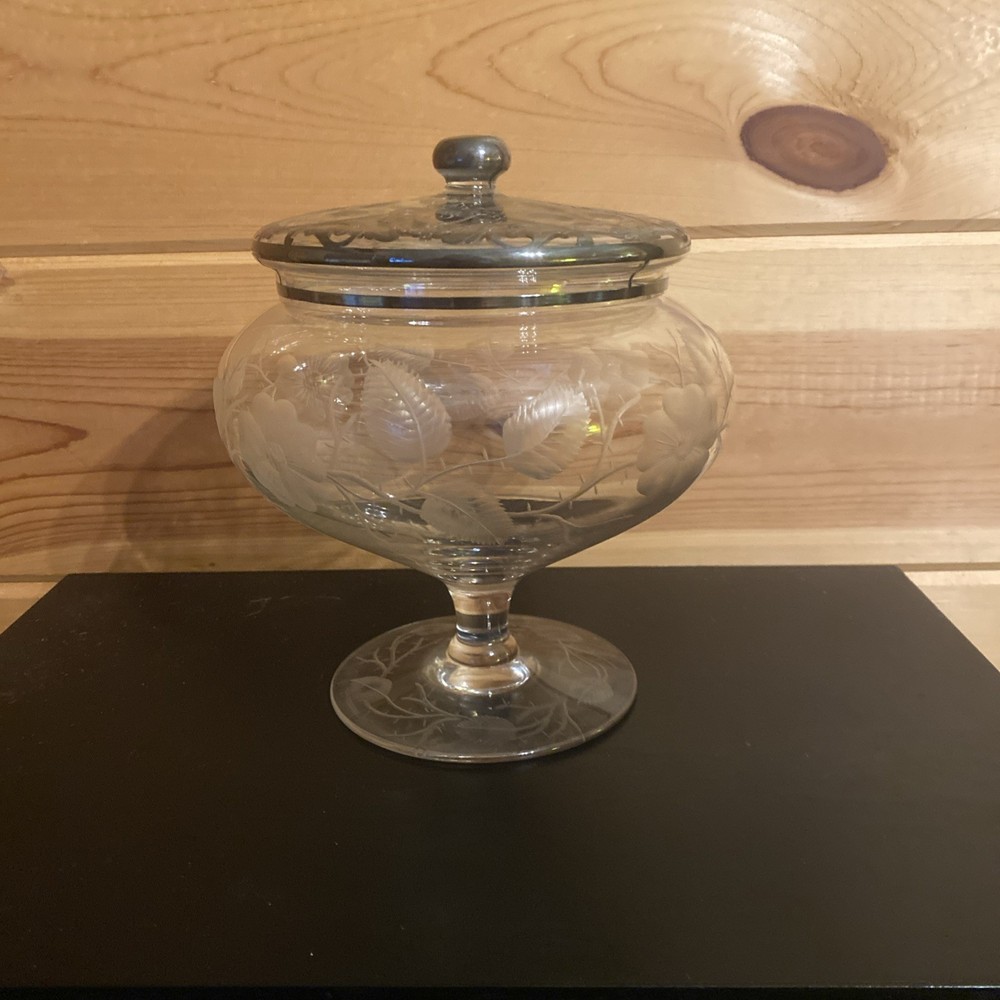 Etched Glass Compote With Silver Overlay Beautiful!