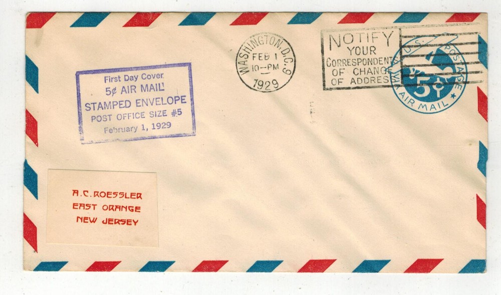 1929 ROESSLER CACHETED FIRST DAY ISSUE UC1 EMBOSSED AIRMAIL AIRPLANE ENV