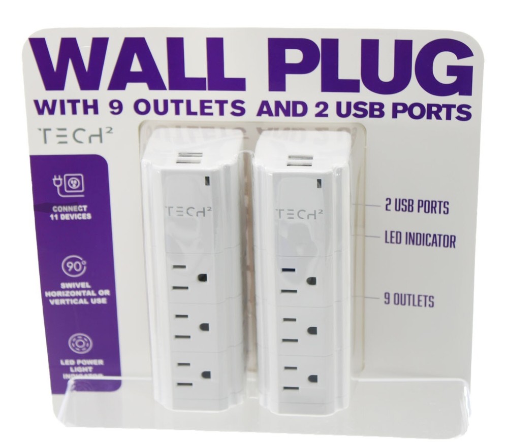 Tech 2 Wall Plug With 9 Outlets & 2 USB Ports