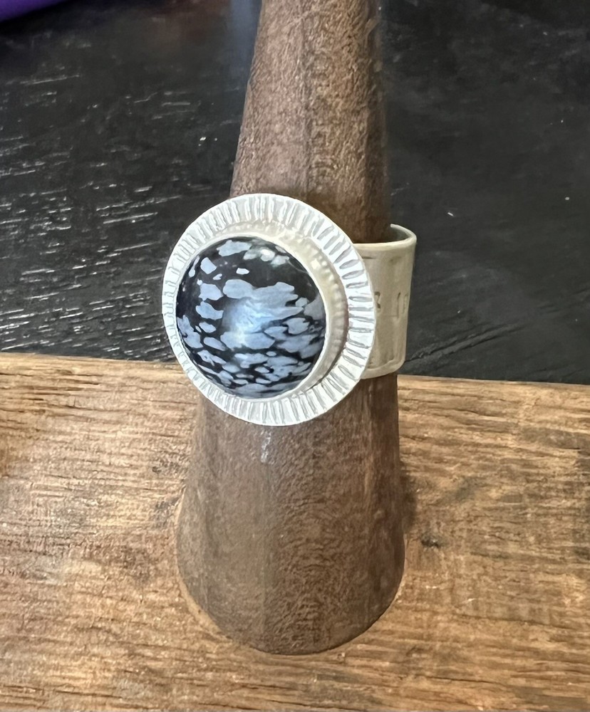 Hand Crafted Snowflake Obsidian Ring - Sterling Silver - Size 8