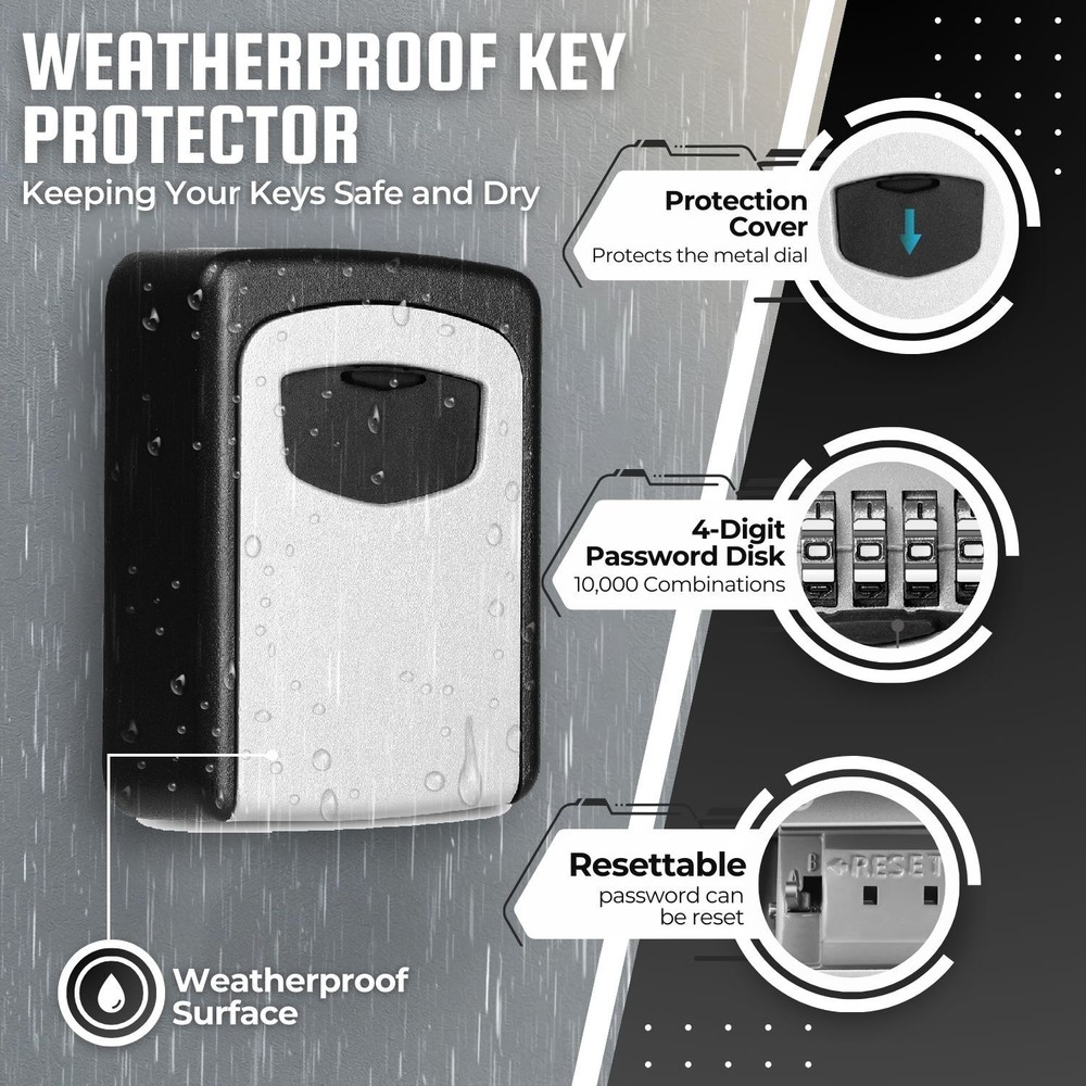 Key Lock Box - Wall Mounted Lockbox for Keys Outdoor - 4 Digit Code Combination