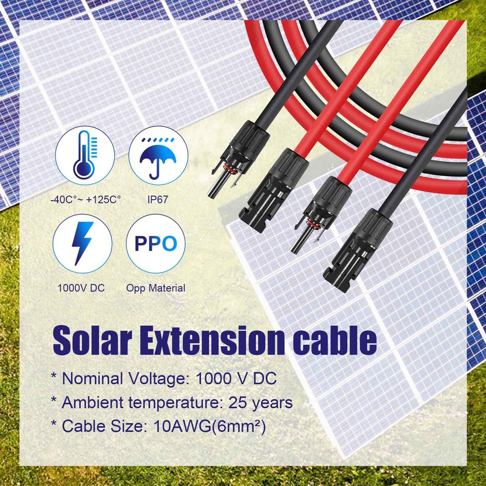 1 Pair Solar Panel Battery Extension Cables 10AWG Solar Panel Cables Black+Red