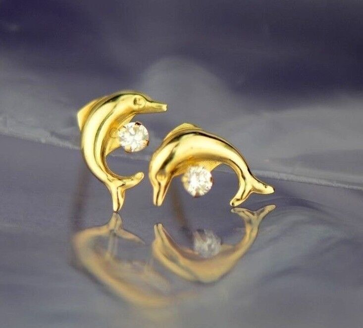 14k yellow gold dolphin earrings stud cz