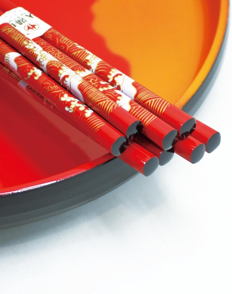 Chopsticks Reusable with Case, Bamboo Chopstick Gift Set Red Ocean Wave Pattern