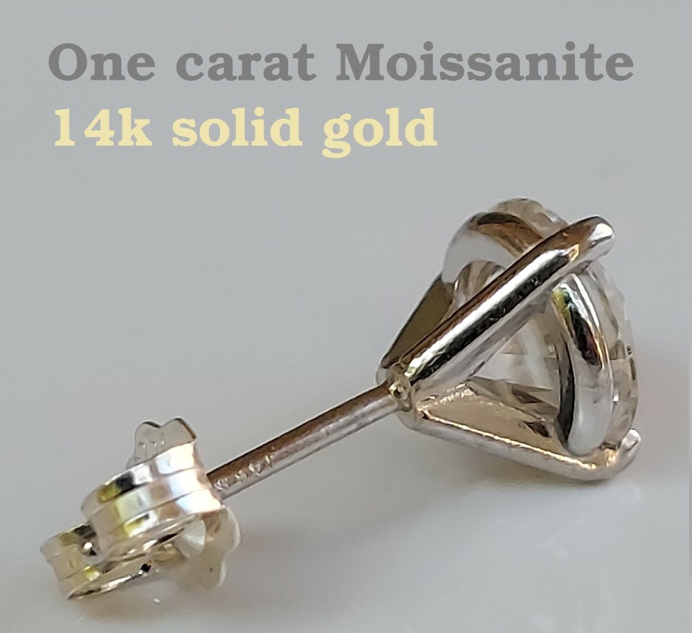 Classic 1ct Single Moissanite Stud Earring 14k solid white gold.