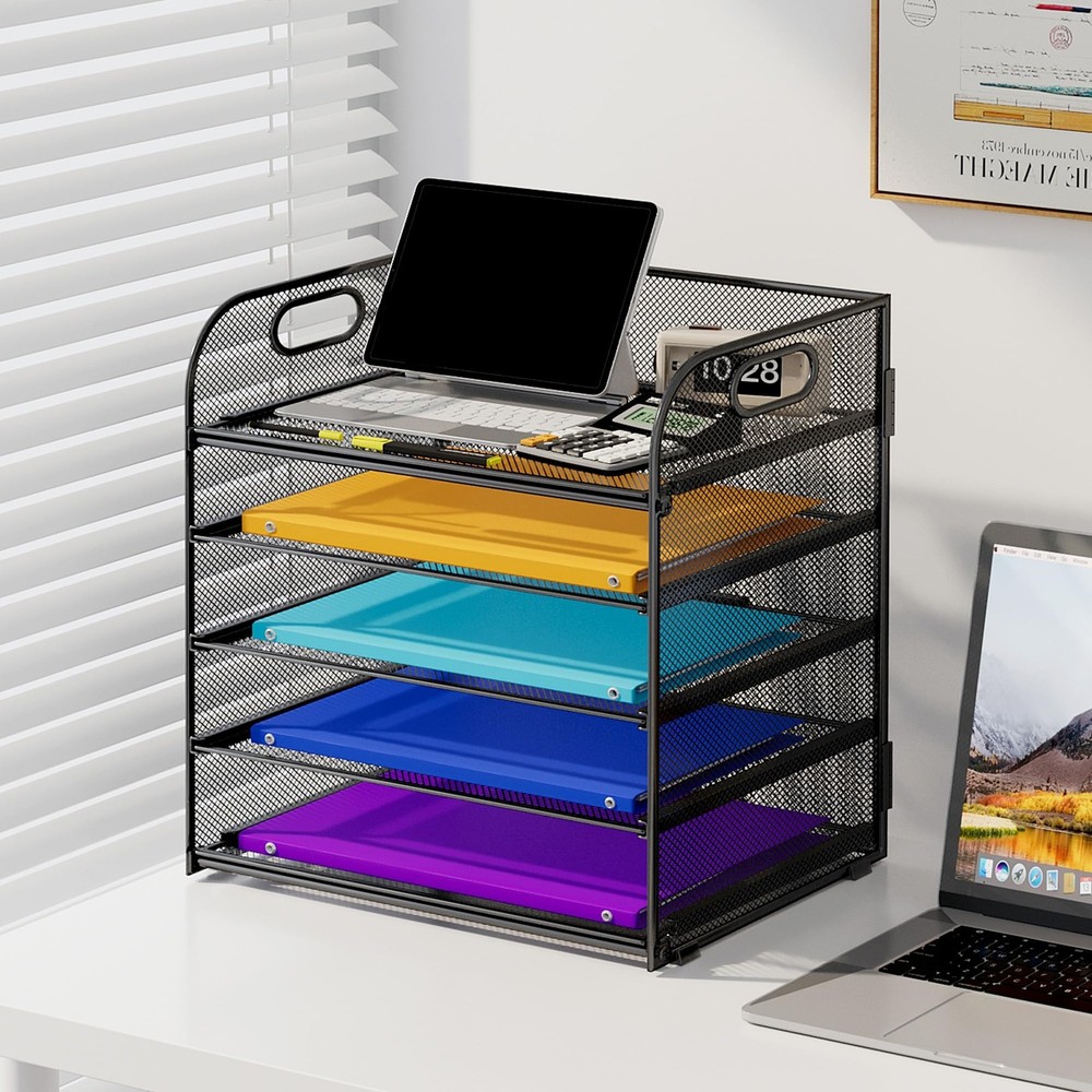 5 Tier Metal Mesh Paper Organizer with Handle Black Desktop Document Sorter