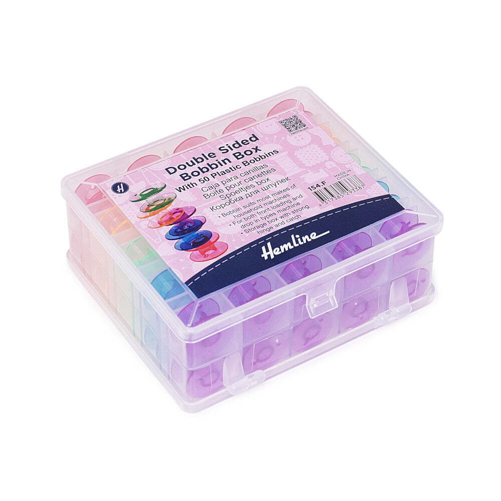Hemline Double Sided Bobbin Box with 50 Colored Bobbins