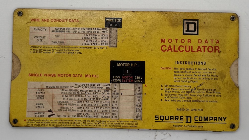 Vintage Square D Motor Data Slide Calculator Chart 1978 NEC engineering