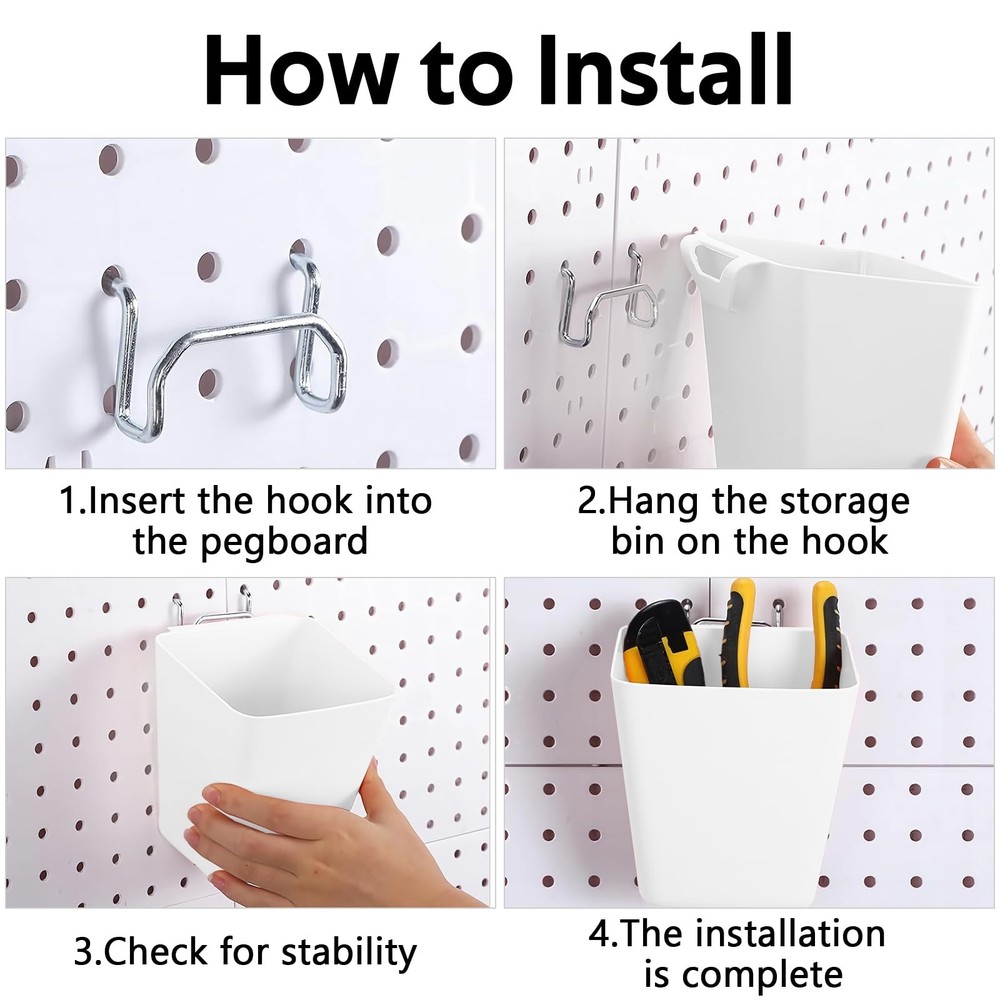 6Pack Pegboard Cups, Large Square Bins with Hooks, White, Polypropylene (PP),...