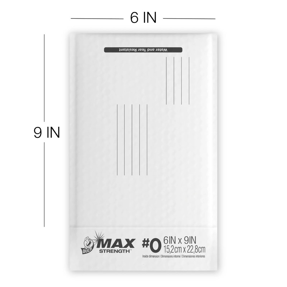 Duck Max Strength Self-Sealing Poly Bubble Mailer #0, 6" x 9", Solid White, 25 P