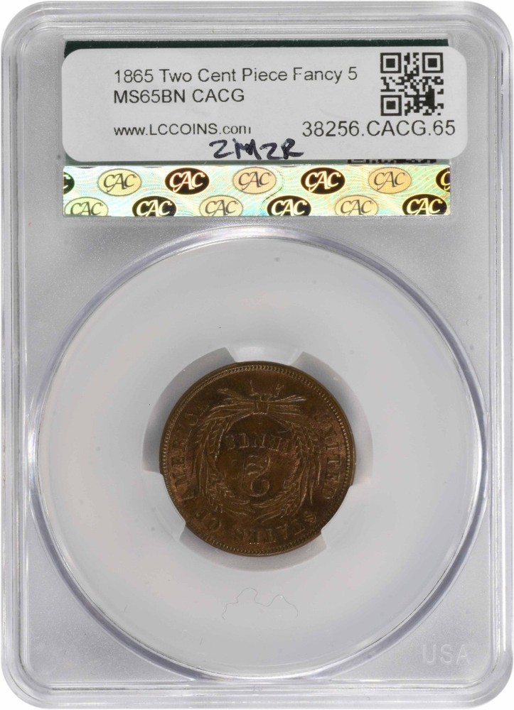 1865 Two Cent Piece Fancy 5 MS65BN CACG