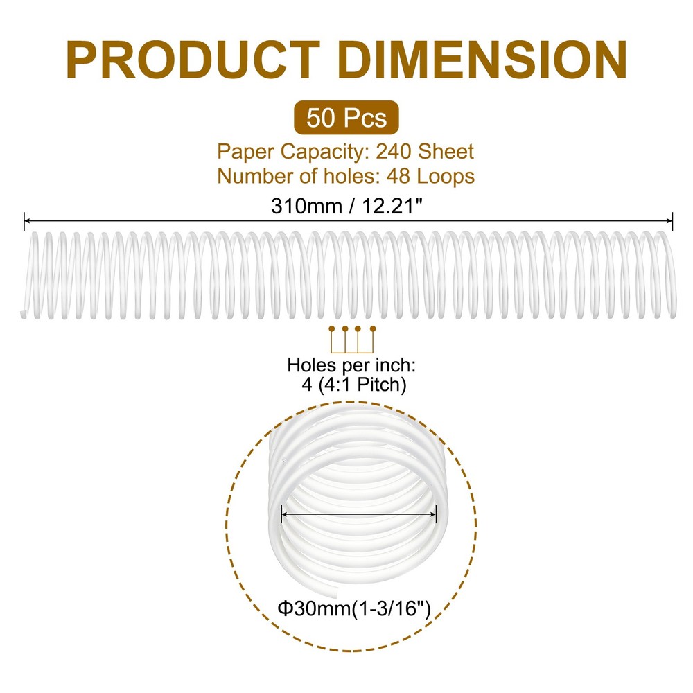 50 Pack Spiral Binding Coils, 30mm(1-3/16") Binding Coils, Clear