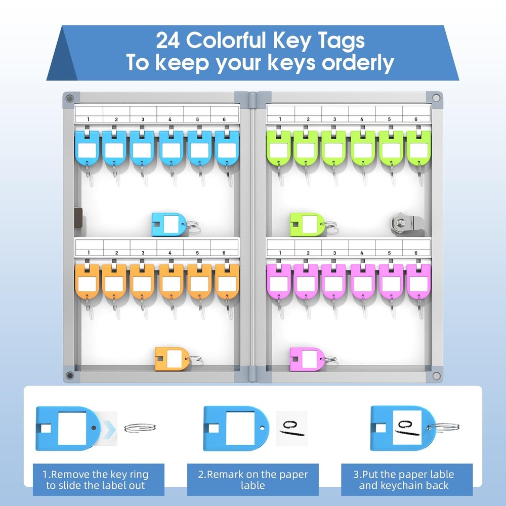 24 Slots Key Box Wall Mount with Code and Key, Key Lock Box with Combination,...