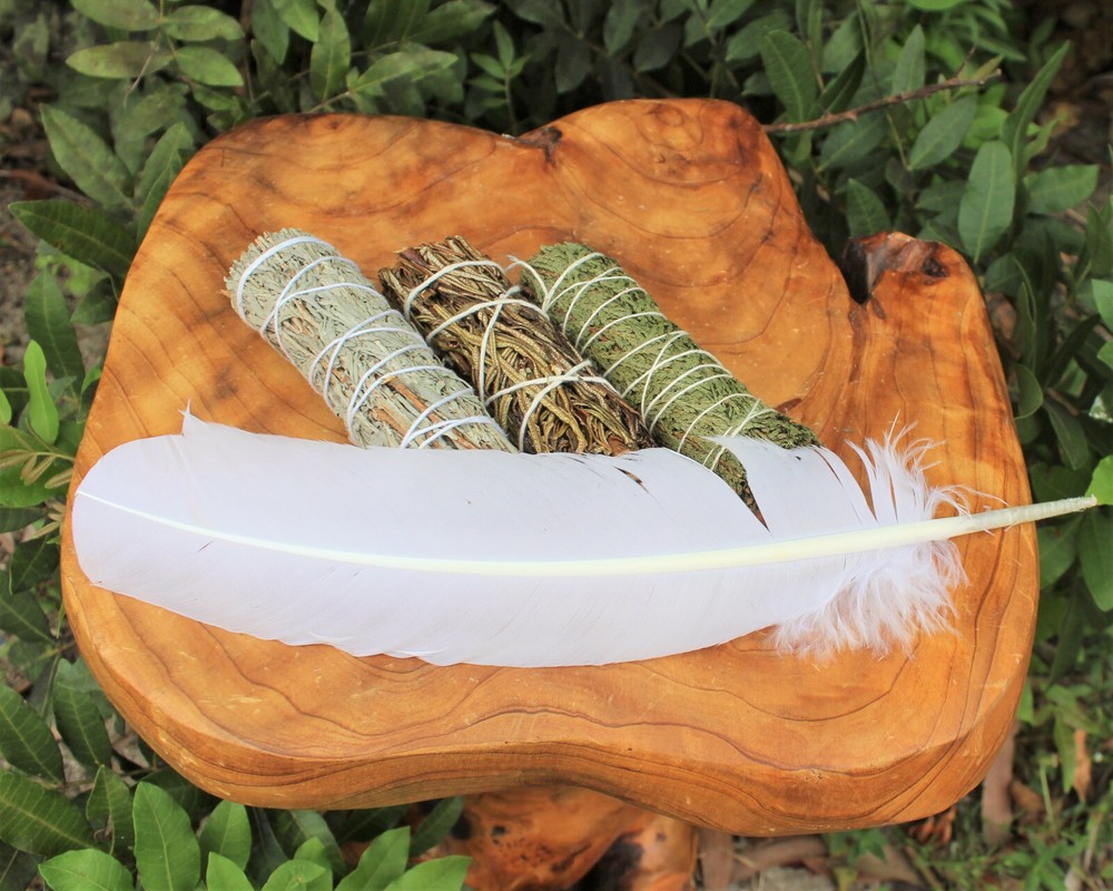SAGE SMUDGE STICKS: BLUE, CEDAR & YERBA SAMPLER 3 PACK & WHITE FEATHER SMUDGING