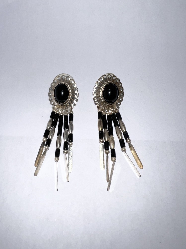 Sterling Silver Black Onyx Tassel Dangle Post Earrings