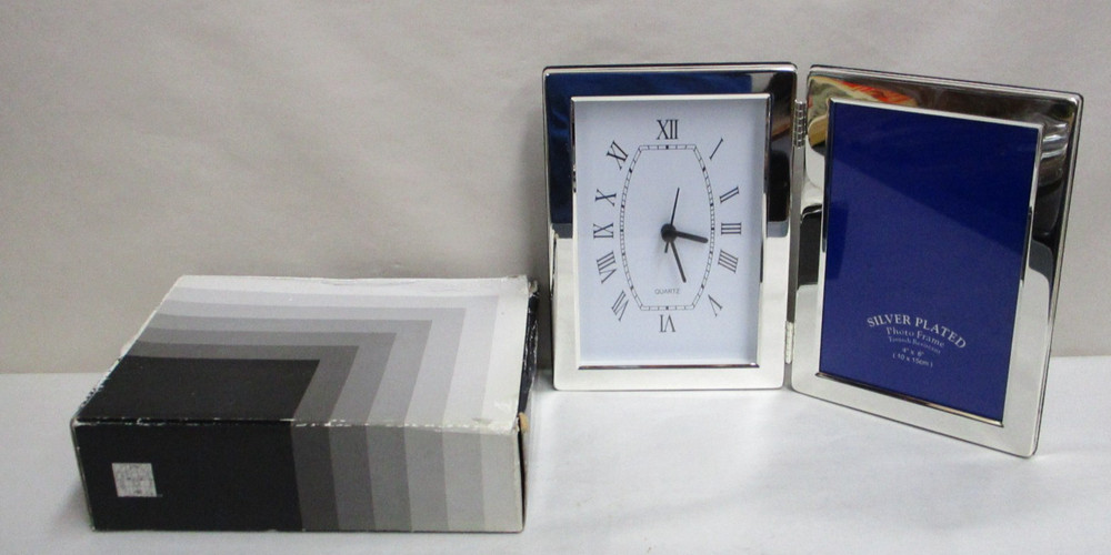 Silver Plated Photo Frame  4x6" w/ Quartz Clock Mint in Box Untested