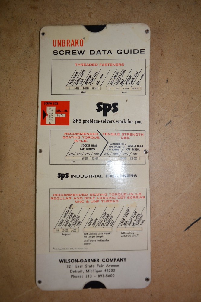 Vintage Unbrako Socket Screw Selector Data Guide Slide Rule - Plastic Sleeve