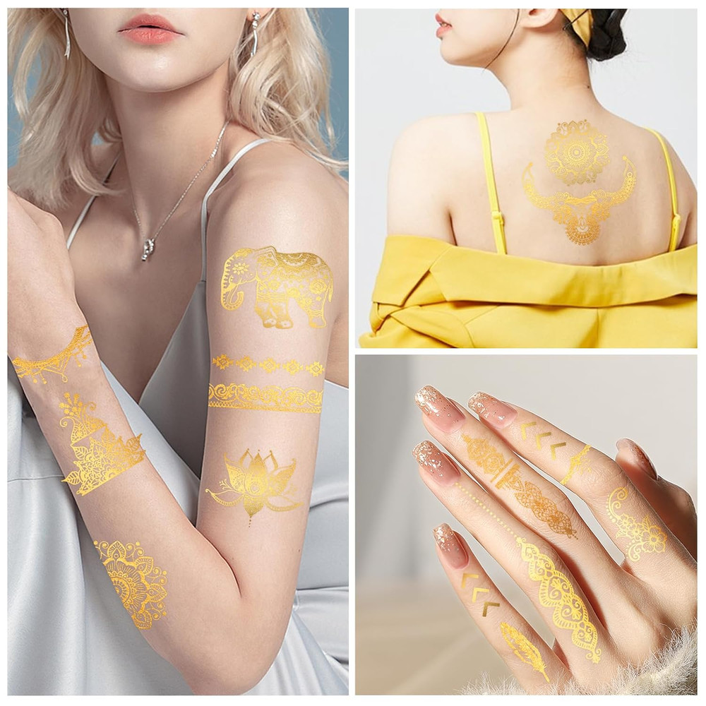 9 Sheets Metallic Tattoos, Elaborate Floral Elephant Patterns Metallic Temporary