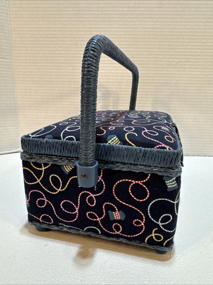 Sewing Basket Box Blue Fabric Plastic Woven Handle