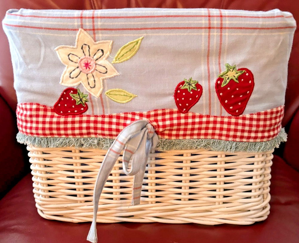Pottery Barn 12”x 12”x 9” Large Square White Sabrina Basket, Strawberries Liner