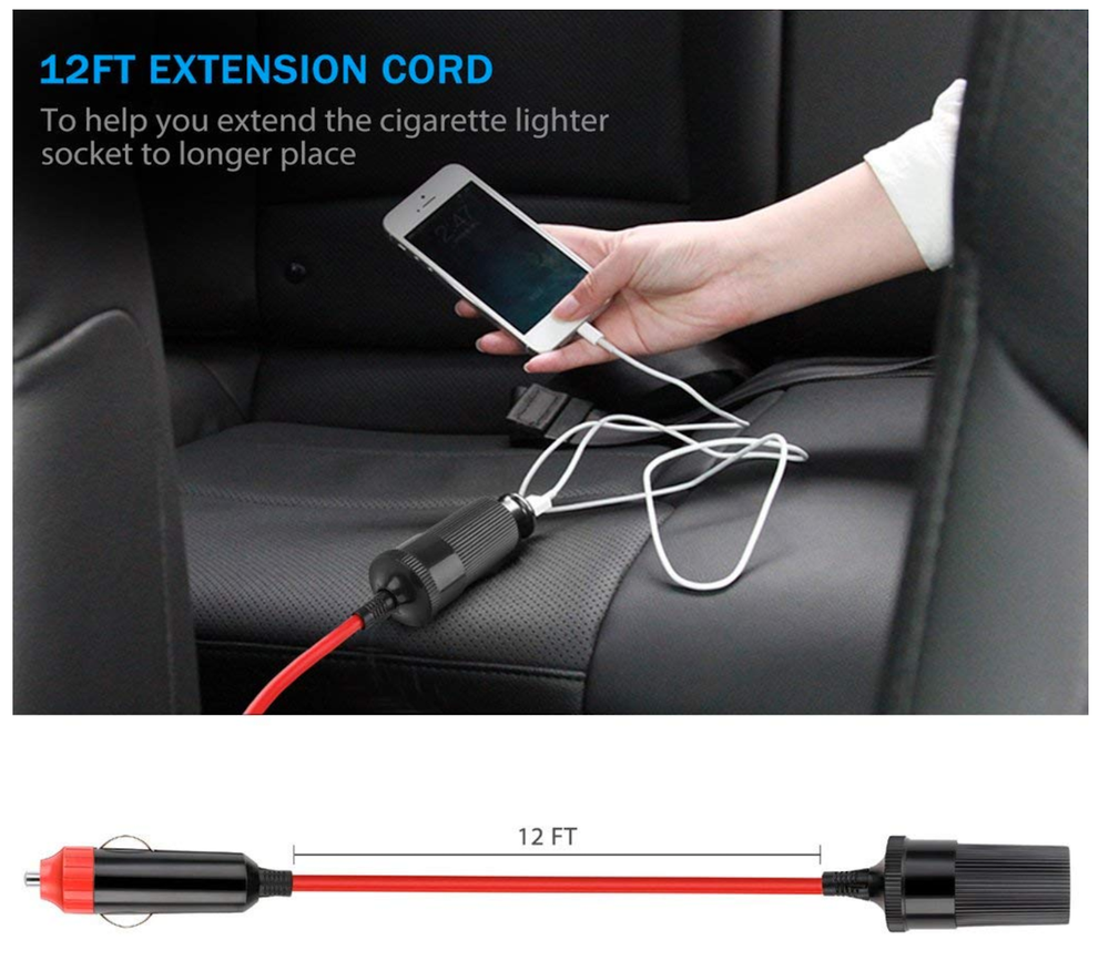 12V Cigarette Lighter Extension Cord Cable 12 FT Heavy Duty DC Power Socket Plug