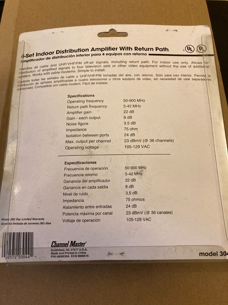 Channel Master 4-Set Indoor Distribution Amplifier Model 3044 w Return Path