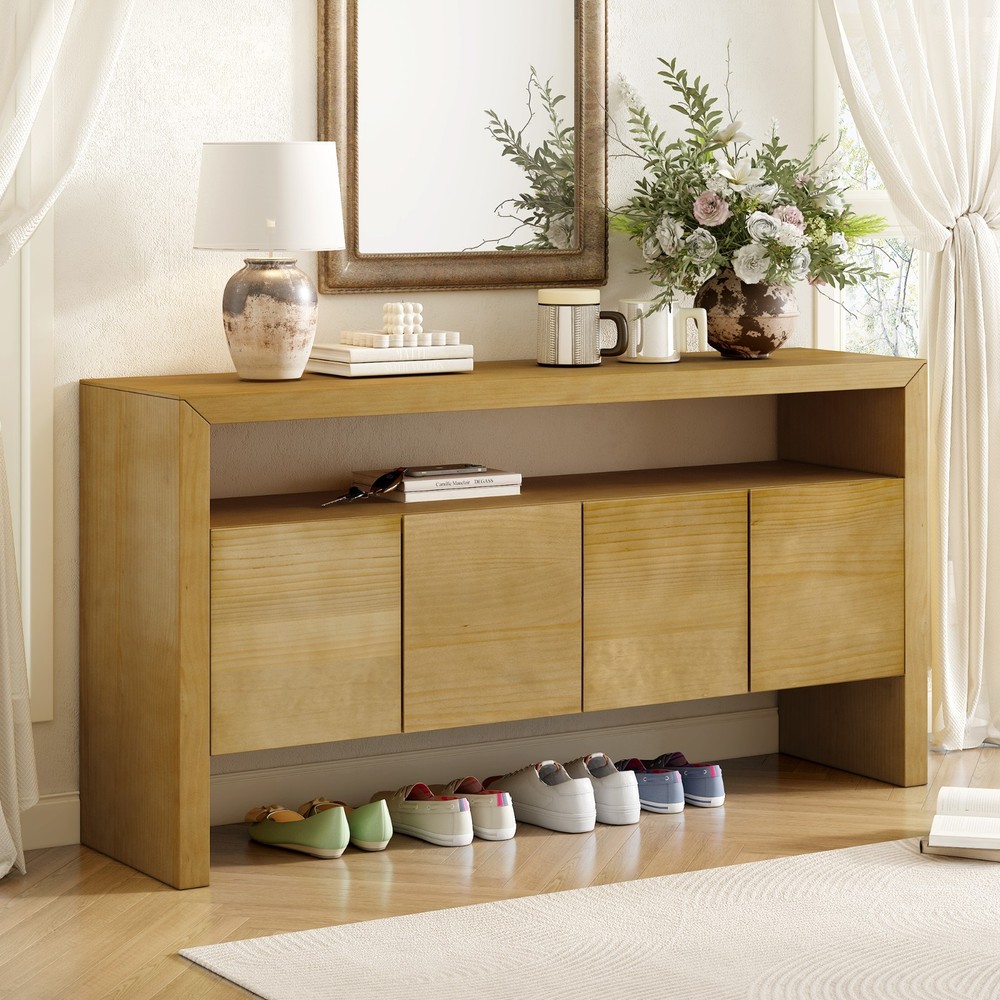 60" Modern Minimalist Solid Wood Veneer Sideboard (4 Doors+Open Shelf, Natural