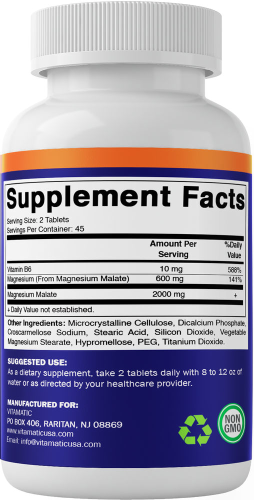 Vitamatic Magnesium Malate 2000mg per Serving - 90 Vegetarian Tablets - Added B6