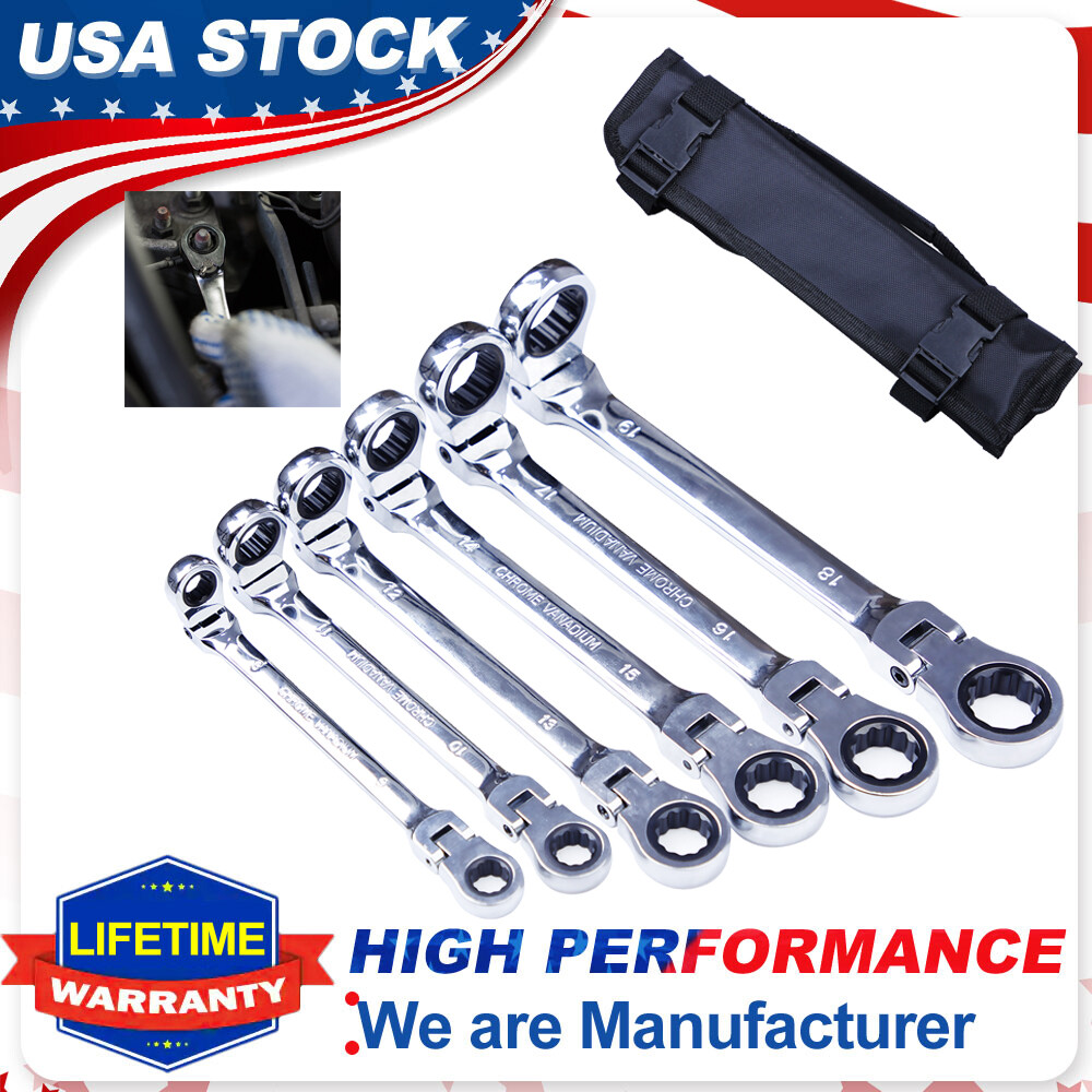 6Pc Double Box End Ratcheting Wrench Flex-Head Extra Long Heavy Duty Spanner Kit