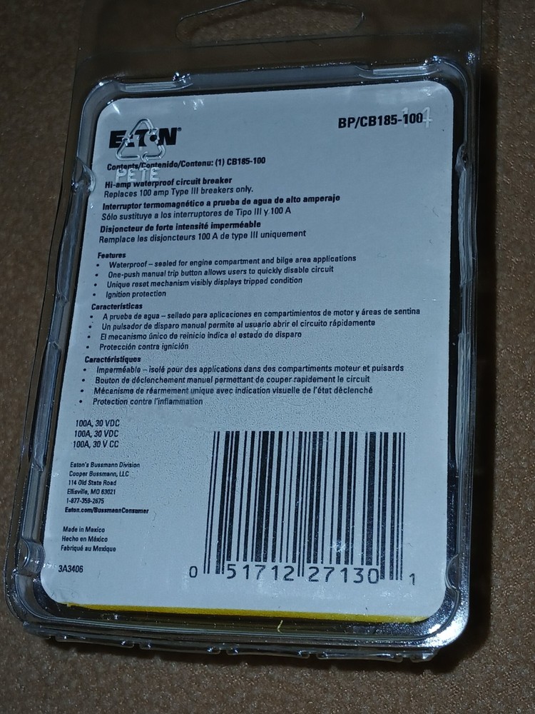 NEW Cooper Bussmann CB185 Surface Mount 100A Circuit Breaker