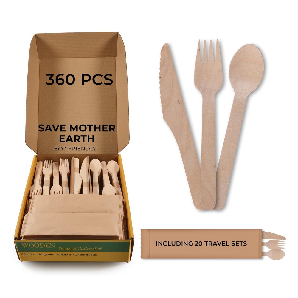 Wood Compostable Utensils Set or compostable silverware - 360 Pieces (120 For...