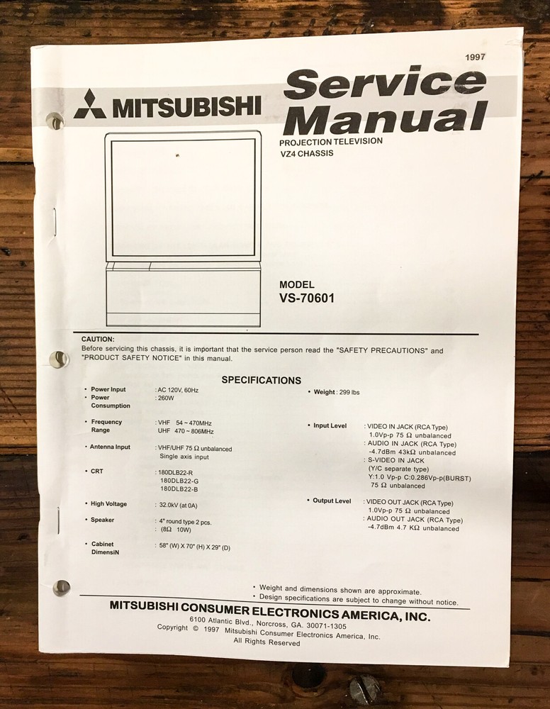 Mitsubishi VS-70601 TV Service Manual *Original*