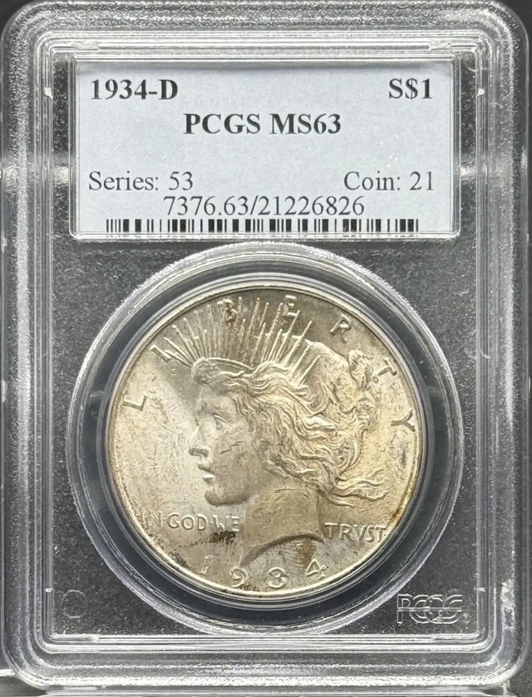 1934 D Peace Silver Dollar PCGS MS-63